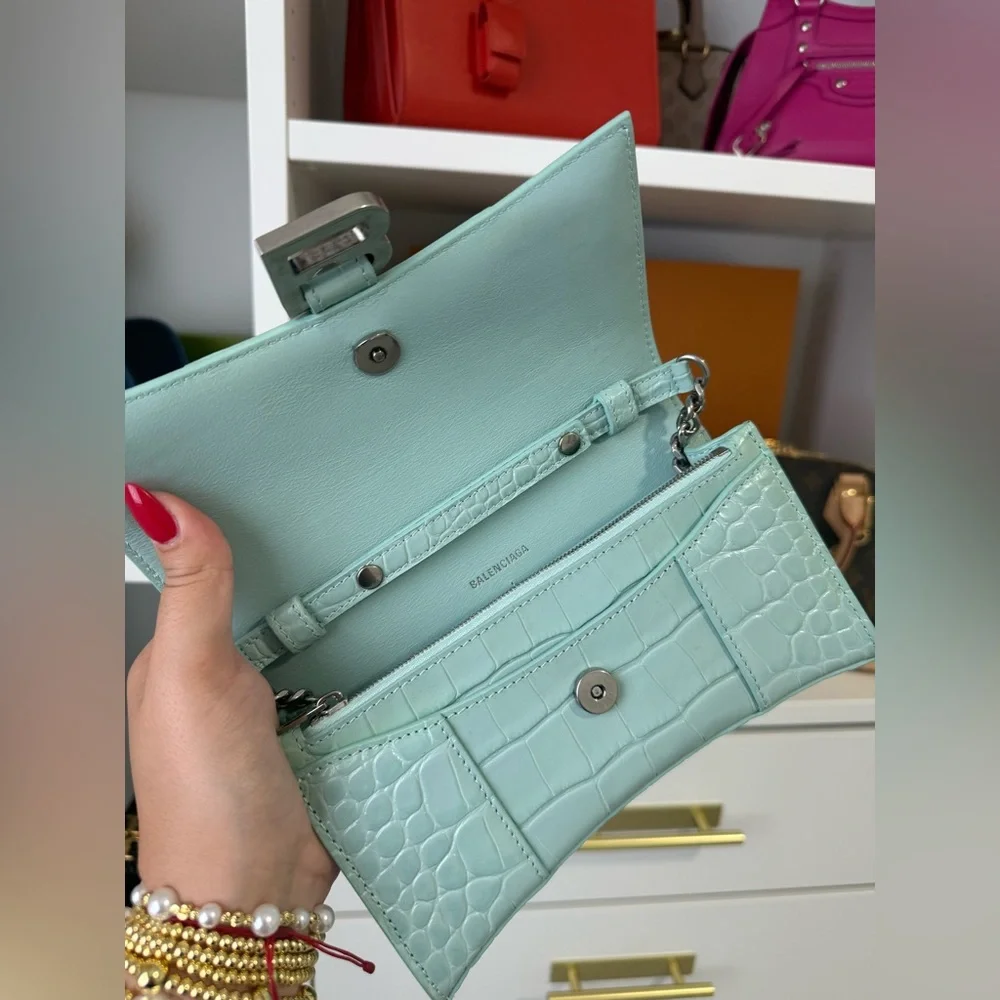 Balenciaga Hourglass Wallet On Chain Croc Acqua